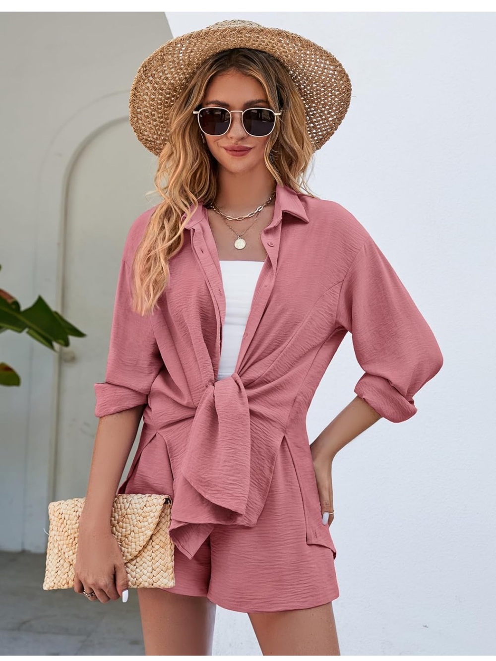 Rose Pink Tie-Front Button Shirt & Shorts Set